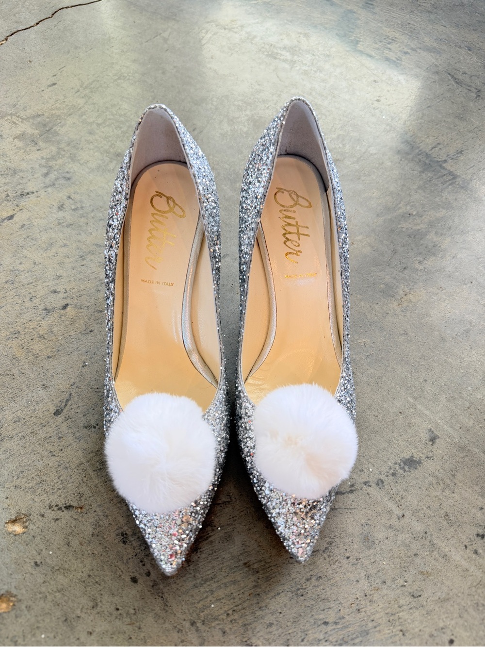 Butter Shoes Silver Glitter Pom Pom Pointed Toe Pumps Heels Made in Italy 🇮🇹
